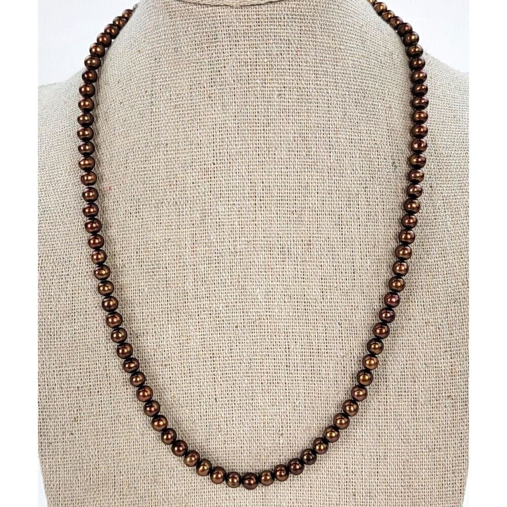 Copper Gold Pearl Beaded Necklace 18" Sterling Silver Clasp 4.8mm Chocolate